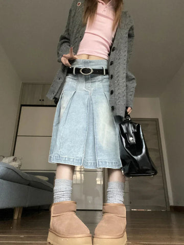 Sonicelife   Pleated Denim Skirt Women Korean Fashion Vintage High Waist Knee-Length A-line Midi Skirt Casual Y2k Streetwear Autumn