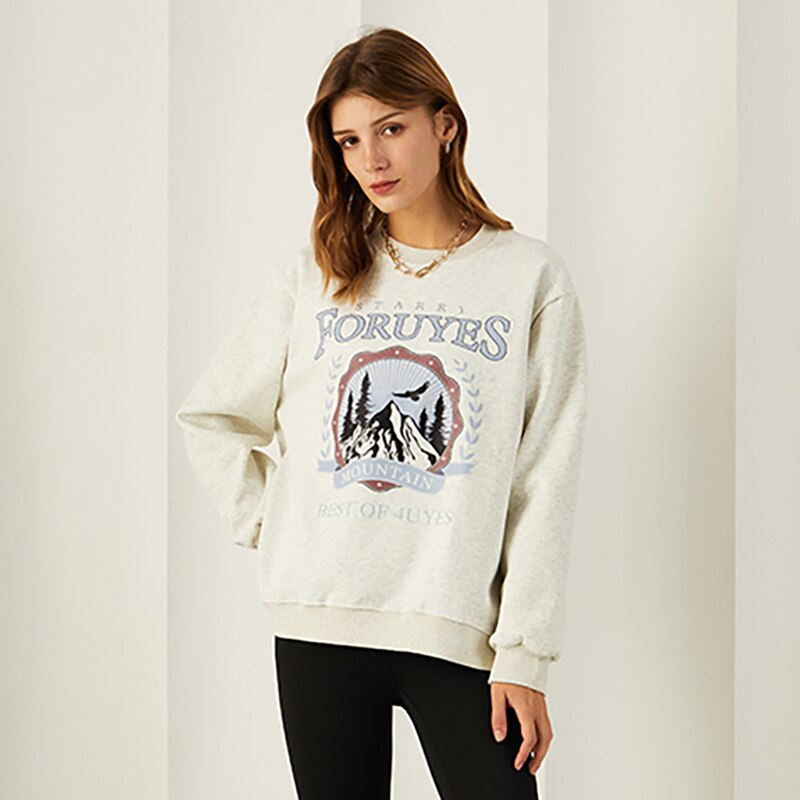 Sonicelife Vintage Moutain Graphic Sweatshirt Pullover Korean Streetwear Light Grey Long Sleeve Oversize Fleece Crewneck Sweatshirt Women