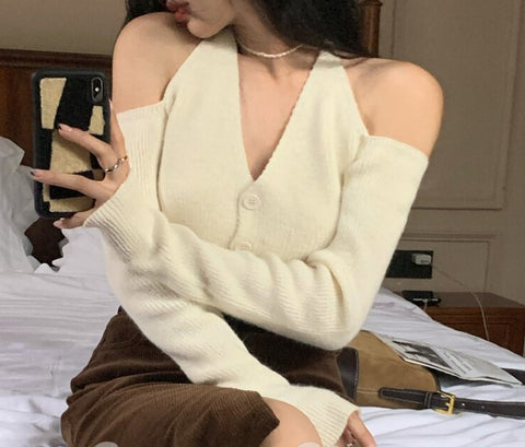 Graduation Gift 2023 Spring Elegant Halter V Neck Kint Sweater Women Vintage Pullover Casual Long Sleeve Y2k Crop Tops Female Korean Blouse Chic