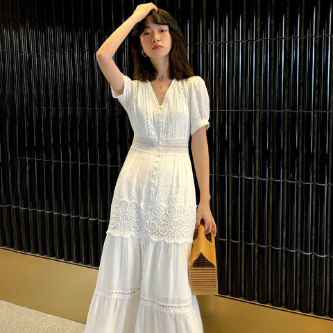 Sonicelie 2023 Early Autumn Dress Women Cotton Patchwork Lace Dresses V-Neck Lantern Sleeve Maxi Dress Beach Long Female Vestidos