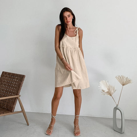 Cotton and Linen Lace Up Women Dress Sleeveless Sling  Loose Casual Summer Dress High Waist Fashion 2023 New Style