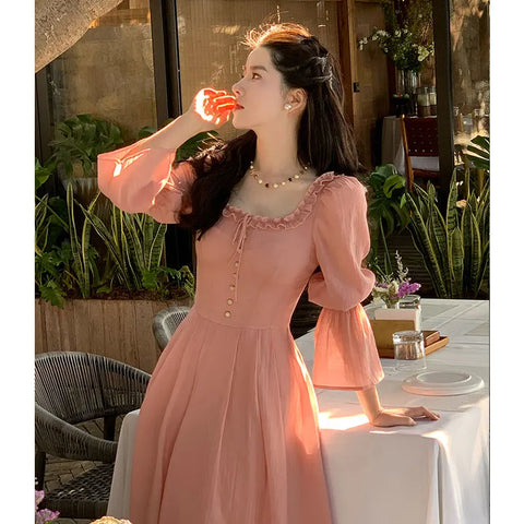 Sonicelife   Korea Elegant Pink Dress Women Fashion Retro Square Collar Party Midi Dress Sweet Princess A Line Sundress Vestidos Ruffle Dress