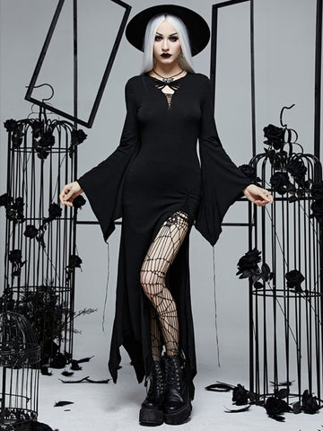 Sonicelife Halloween  Mall Gothic Party Long Dresses Female Grunge Aesthetic Emo High Split Dress Punk Hollow Out  Alt Clothing