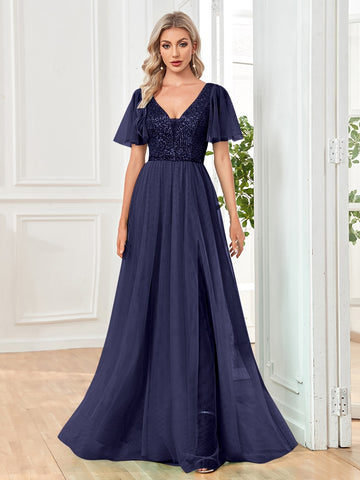 Sonicelife Elegant Sequins Evening Dress Elegant V-Neck A-line Ruffles Chiffon Robe Short Sleeves Formal Wedding Party Dresses