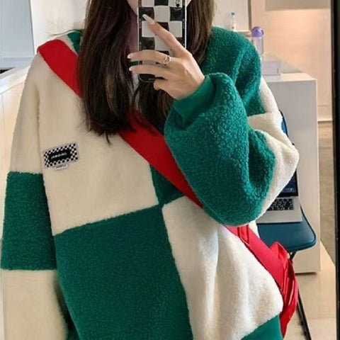 Black Friday Sonicelife Korean Fashion Green Plaid Hoodie Women Harajuku Oversize Sweatshirts Autumn Winter Casual Long Sleeve Tracksuit Female