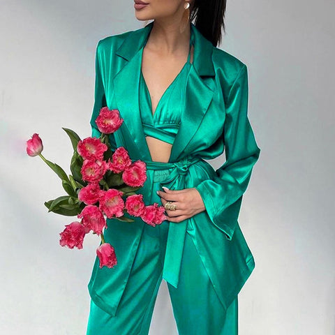 Sonicelife  Fall Fashion Solid Color Women  Lace-Up Cardigan Blazer + Bra + Wide Leg Pants Outfits New Satin Suit Casual Three-Piece Set