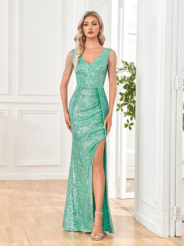 Sonicelife elegant  Deep V-Neck Sequin Evening Dress Party Maxi Dress 2024 Women Formal  Green Beading Slit Cocktail Prom