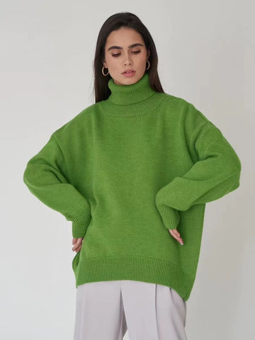 Sonicelife 2024 Autumn New Fall Outfits Basic Green Sweater For Women Pullovers Turtleneck Rose Red Winter Female Knitted Top Warm Soft Girl Baggy Sweaters