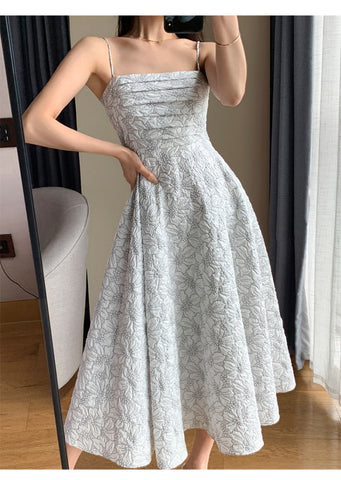 Sonicelife White Midi Dresses for Women New Summer French Style Luxury Look Slim Embossing Clothes Female Vintage Evening Party Dress