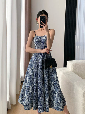 Sonicelife   Elegant Women Fashion New Floral Casual Midi Dress Spaghetti Strap Slim A-Line Maxi Vestidos Female Chic Vintage Mujers Robe