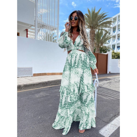 Back to school outfit Sonicelife  Women  Maxi Dress 2023 Summer V-Neck Backless Hollow Out Lantern Sleeve Club Party Long Dresses Female Tunic Beach Cover Up