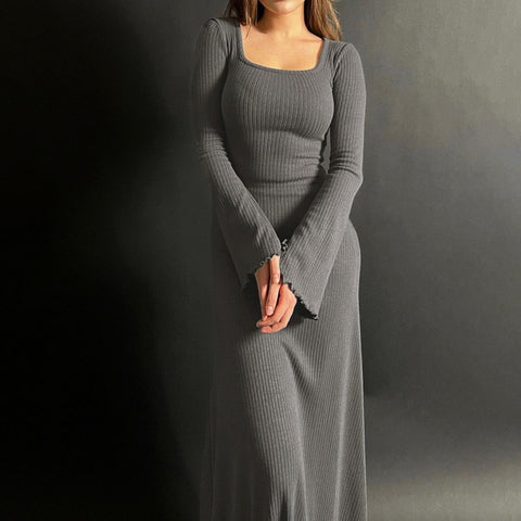 Sonicelife  early autumn new fashion temperament elegant slim square collar A swing design basic dress elegant sexy party dress club clothing