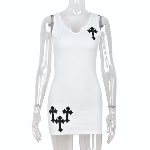 Sonicelife Cross Printed White Mini Dress For Women Sleeveless V-Neck Basic Tank Dress Y2K Streetwear Outfits Party Bodycon Dresses