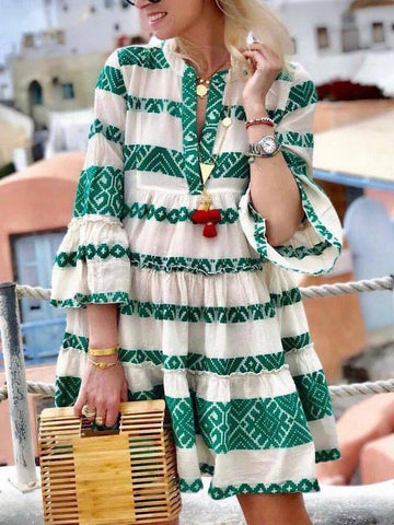 Sonicelife hoco dresses  Elegant Button V-Neck Flare Sleeve Mini Dress Summer  Party Beach Dress Women Fashion Colorful Print Stripe Dress Cover-Ups