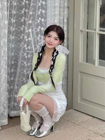 Sonicelife Kawaii Aesthetic Coquette Dollette Corset White Dress Light Green Cardigan Set