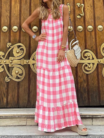 Back to school outfit Sonicelife  Summer Women Casual Loose Long Beach Dresses Vintage Striped Print Patchwork Maxi Dress Female Elegant Sleeveless Straps Dress