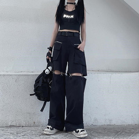 Sonicelife  Gothic Techwear Emo Black Cargo Pants Women Punk Oversize Hollow Out Wide Leg Pocket Trousers For Female Goth Hip Hop