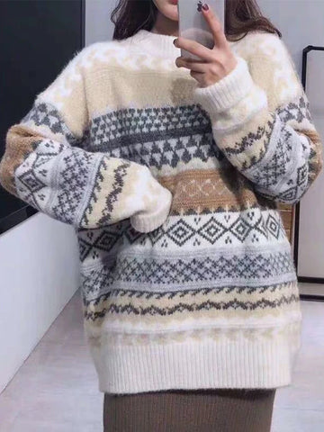 Sonicelife Vintage Sweater O-neck Pullover Women's Winter Tops Korean Style Long Sleeve Oversized Knit Jumpers Women Winter Clothing 2024