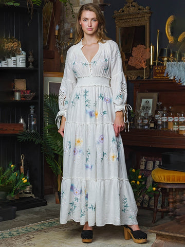 Sonicelife Floral Embroidery Long Dress Women Autumn Elastic Waist A Line  Printed Dresses Bohemian Retro V-neck Lantern Sleeve Robe