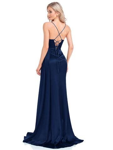 Navy Blue Women Party Maxi Dress Green Color Soft Satin V-Neck  Slit Evening Dress Ribbon Long Bridesmaid Dress