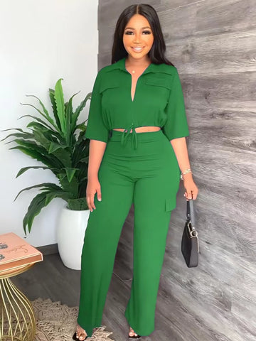 Sonicelife 2024 Autumn New Fall Outfits Elegant Women Set Half Sleeve Blouse And Straight Wide Leg Safari Pants Set Fashion Tracksuit Two Piece Set Outfits