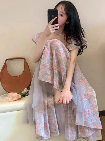 Sonicelife  Floral Dress Women Off Shoulder Vintage French Elegant Sexy Spliced Lady Summer Gentle Slim Temper Платье Женское Sweet Designer