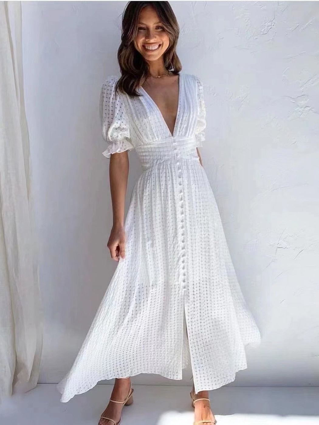 Back to school outfit Sonicelife  Elegant Organza Long Dress Women Summer Elastic Waist V Neck Puff Sleeve Split Hem White Vestidos Boho Beach Dresses 2024