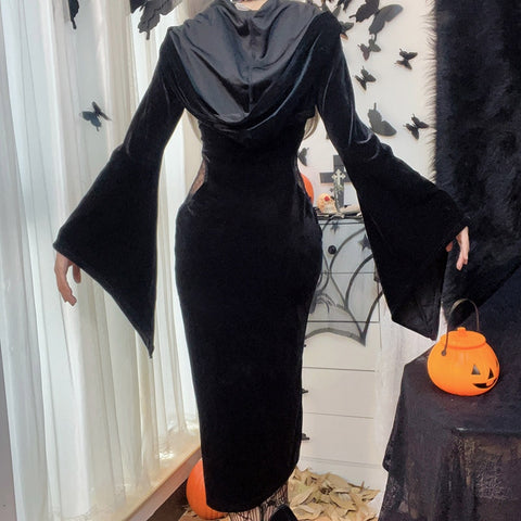 Sonicelife Halloween Gothic Long Dress Suit With Hat See Through Velvet Lace Cutout High Slit Long Sleeve Button Lace-up Party Smock Dresses