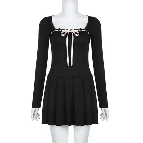 Sonicelife hoco dresses Womens Coquette Aesthetic Black Long Sleeve Mini Dress with Pink Bow