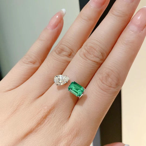 Unique Design Opening Rings for Women White Pear/Square Green CZ Silver Color Band Temperament Wedding Rings Lady Jewelry