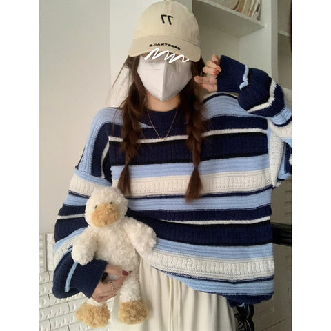 Sonicelife Shellsuning Autumn Winter New Lazy O-neck Striped Knitted Sweater Women Loose Pullover Warm Jumpers Female Vintage Leisure Tops