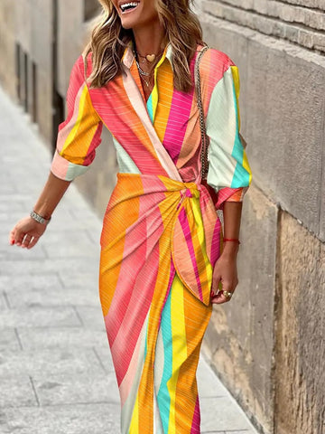 Sonicelife  Elegant Ladies Design Tie-Up Commute Sundress Women Boho Folds Beach Dress Fashion Street New Printed Long Sleeve Cover-Ups Robe