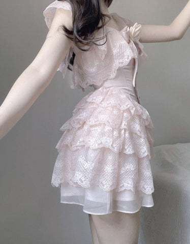 Sonicelife hoco dresses Kawaii Aesthetic Soft Girl Style Baby Pink Off Shoulder Lace Mini Dress