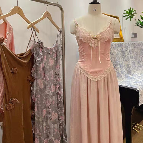 Sonicelife Floral Vintage Elegant Strap Dress Women Lace France Sexy Evening Party Long Dresses Pink Sweet Princess Fairy Dress Summer