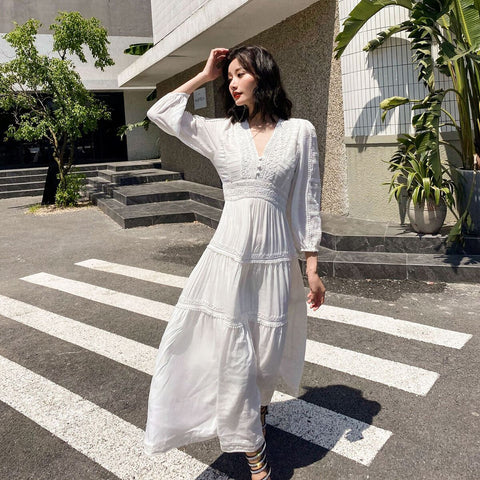 Sonicelie 2023 Early Autumn Dress Women Cotton Patchwork Lace Dresses V-Neck Lantern Sleeve Maxi Dress Beach Long Female Vestidos