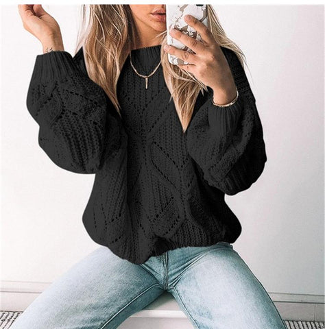 Sonicelife Lantern Sleeve Knitted Sweater for Women Pullover Casual Round Neck Hollow Out Sweater Female Tops Solid Irregular Clothing