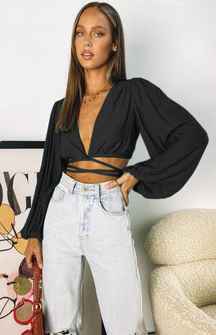 Graduation Dress Sonicelife New Women's Bandage Solid Cardigan T-shirt Super-short Top Fashion Long Sleeve Sunscreen Navel Long Lantern Sleeve Crop Top