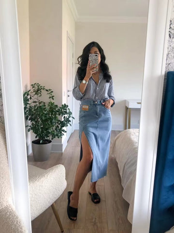 Sonicelife 2024 Autumn New Fall Outfits Maxi Jeans Skirt Women Denim Long Skirts Female Long Korean Summer Vintage Maxi Skirt  Side Split Denim Skirt