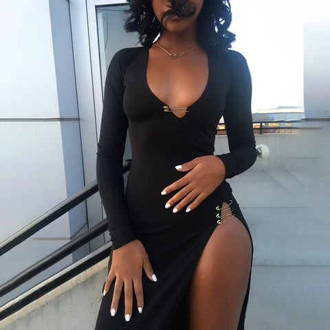 Sonicelife  Women Autumn Winter V Neck Slim Long Sleeve Hollow Out Black Open Fork Split Long Dress 2024  Fall Clothes Streetwear