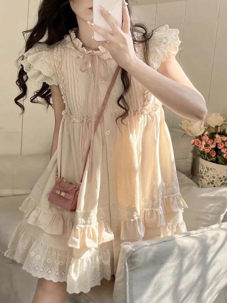 Sonicelife hoco dresses  Summer Lolita Kawaii Mini Dress Women Flying Sleeve Japanese Sweet Cute Dress Female Korean Style Ruched Fairy Dress New