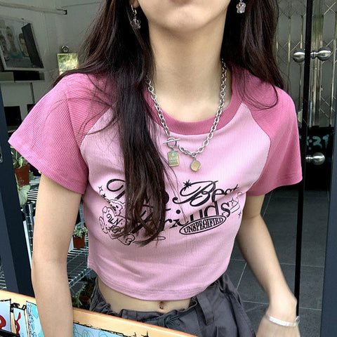 Sonicelife  Y2K Retro Pink Tshirts Korean Streetwear Patchwork Skinny Basic T Shirts Fairy Grunge Graphic Print Tees Top Harajuku