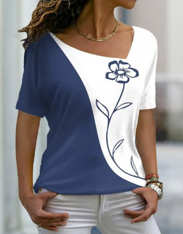 Sonicelife  Women Floral Theme Print T-Shirt 2024 Summer Fashion Casual V Neck Short Sleeve Basic Tops Female Loose 3D Print Pullover Tees