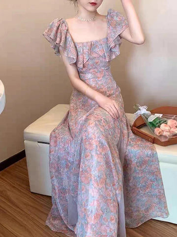 Sonicelife  Floral Dress Women Off Shoulder Vintage French Elegant Sexy Spliced Lady Summer Gentle Slim Temper Платье Женское Sweet Designer