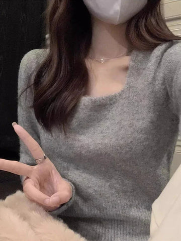 Sonicelife Women Crop Knit Sweater New Knitted Sweater Pullover Long Sleeve Slim Fit Tops Korean Style Winter Women‘s Clothing 2024