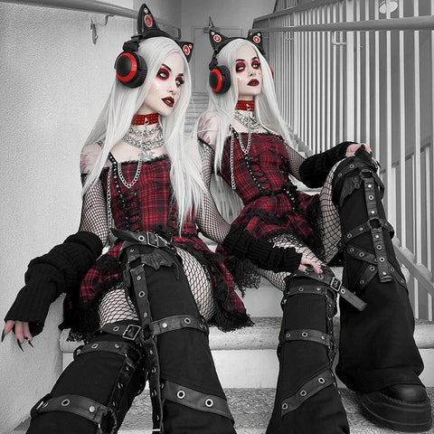 Sonicelife hoco dresses Halloween Red Plaid Dress Street Goth Fairy Grunge Y2K Pleated Lace-up Tube Lolita Partywear Eyelet Strap Corset  Mini Dresses