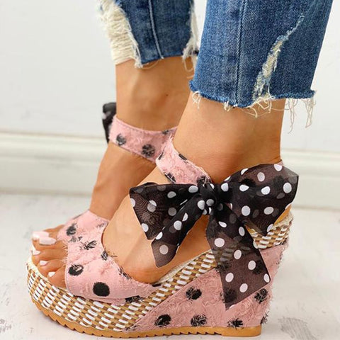 Sonicelife  Women Sandals Dot Bowknot Design Platform Wedge Female Casual High Increas Shoes Ladies Fashion Ankle Strap Open Toe Sandals