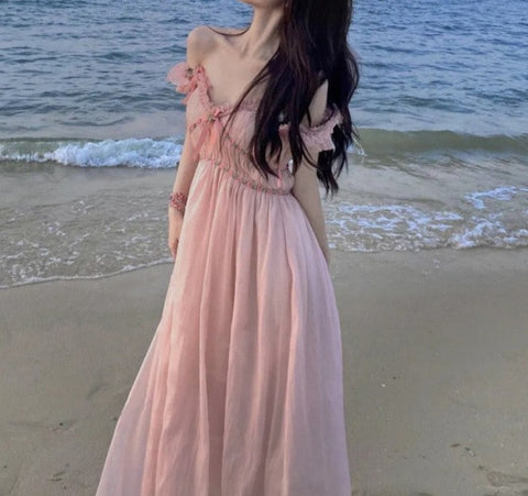 Sonicelife Kawaii Aesthetic Coquette Dollette Mermaidcore Summer Pink Midi Dress