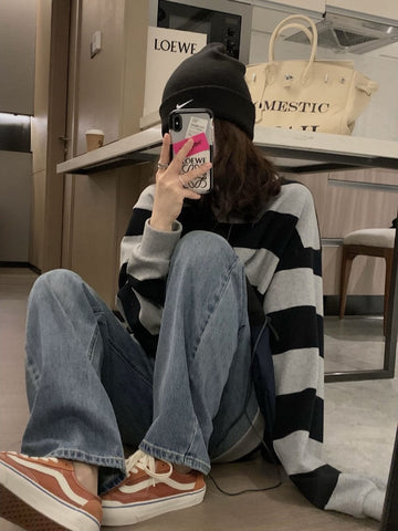 Black Friday Sonicelife Korean Fashion Stripe Print Hoodies Women Harajuku Vintage Oversized Sweatshirts Casual Long Sleeve Loose Pullover Tops