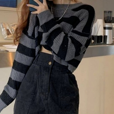 Sonicelife  Korean Style Striped Cropped Knitted Sweater Women Vintage Printed O-Neck Long Sleeve Jumper Y2K Tops Autumn Winter