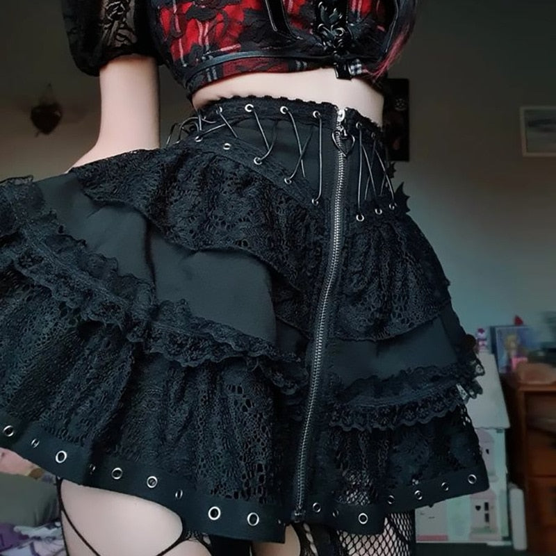 Sonicelife Halloween Streetwear Gothic Lace Skirt Women Emo Alternative Y2k E-girl Lolita High Waist Skirt Harajuku Grunge Clubwear Female